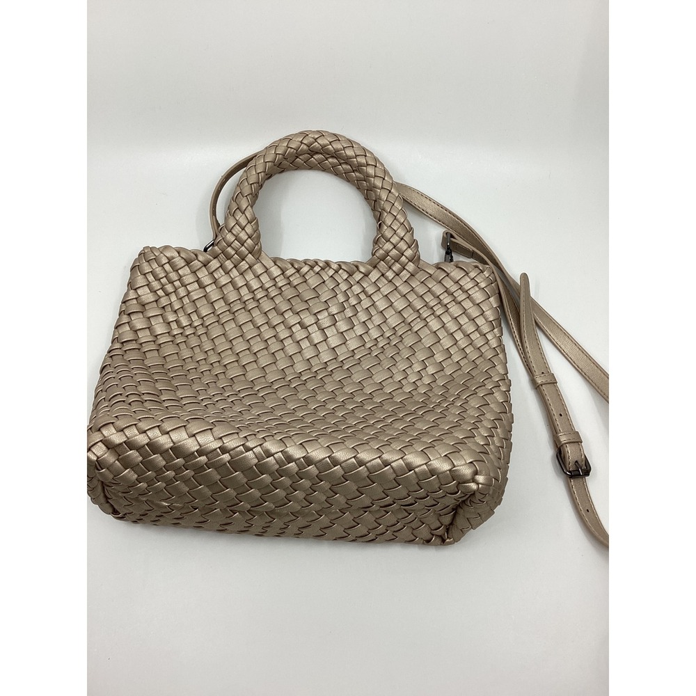 Metallic Champagne Woven Vegan Leather Crossbody Bag Pouch Intrecciato Inspired